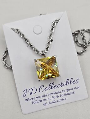 Swarovski Crystal Elements Silver Statement Necklace Citrine Yellow 24 inch Rope